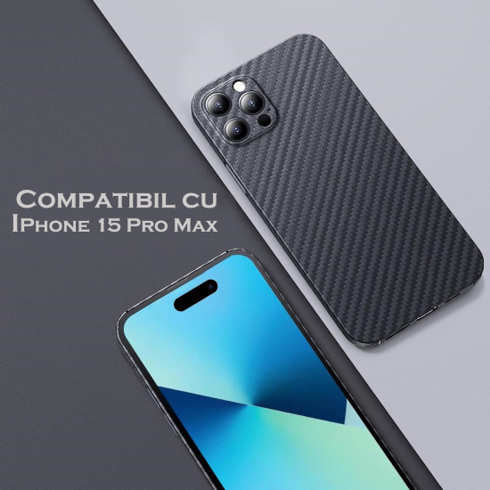 Husa Carbon pentru Apple Iphone 15 Pro Max , Slim, AntiSoc, Fibra de Carbon, Protectie Camera, Negru