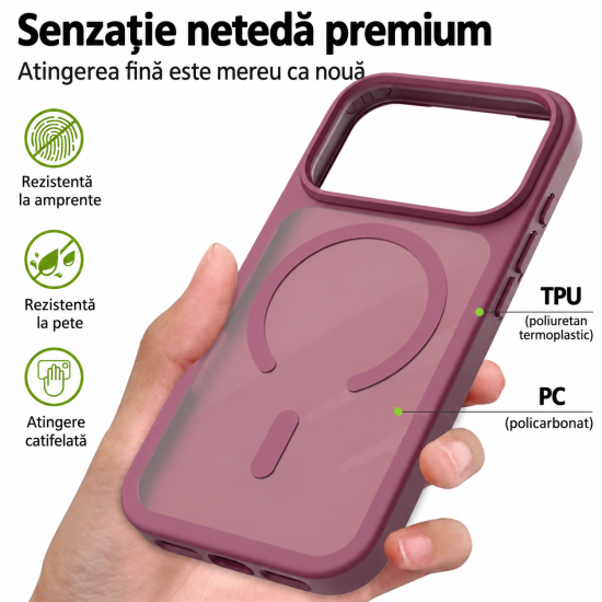 Husa pentru iPhone 18 Pro Max, Compatibila cu MagSafe, Anti-Soc, Decupaj Mare pentru Camere, Finisaj Matte, Dark Cherry