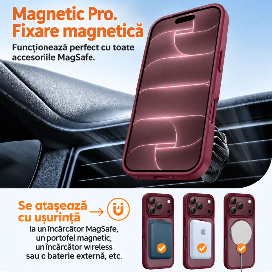 Husa pentru iPhone 18 Pro Max, Compatibila cu MagSafe, Anti-Soc, Decupaj Mare pentru Camere, Finisaj Matte, Dark Cherry