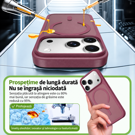 Husa pentru iPhone 18 Pro Max, Compatibila cu MagSafe, Anti-Soc, Decupaj Mare pentru Camere, Finisaj Matte, Dark Cherry