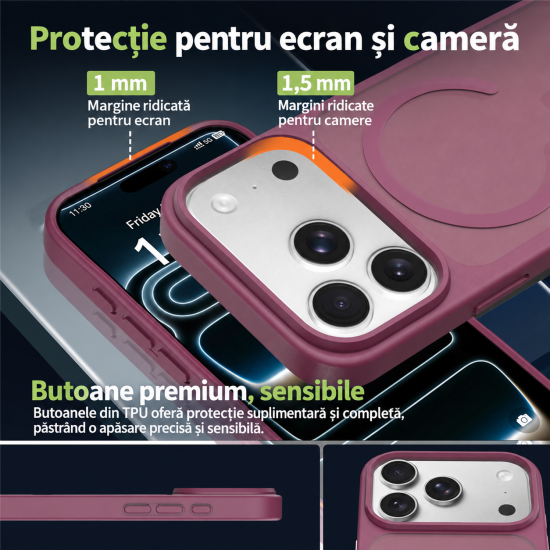 Husa pentru iPhone 18 Pro Max, Compatibila cu MagSafe, Anti-Soc, Decupaj Mare pentru Camere, Finisaj Matte, Dark Cherry