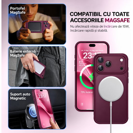 Husa Matte compatibil cu MagSafe pentru IPhone 18 Pro Max, protectie completa, contur Dark Cherry