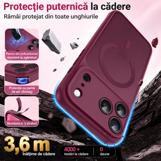 Husa Matte compatibil cu MagSafe pentru IPhone 18 Pro Max, protectie completa, contur Dark Cherry