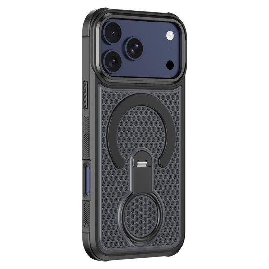 Husa pentru iPhone 18 Pro Max compatibila cu MagSafe Anti-Soc, Design Mesh, Inel Rotativ 360, Negru