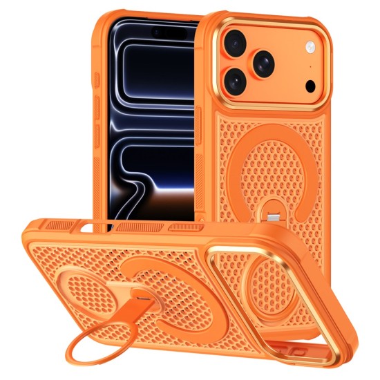 Husa pentru iPhone 18 Pro Max compatibila cu MagSafe Anti-Soc, Design Mesh, Inel Rotativ 360, Portocaliu