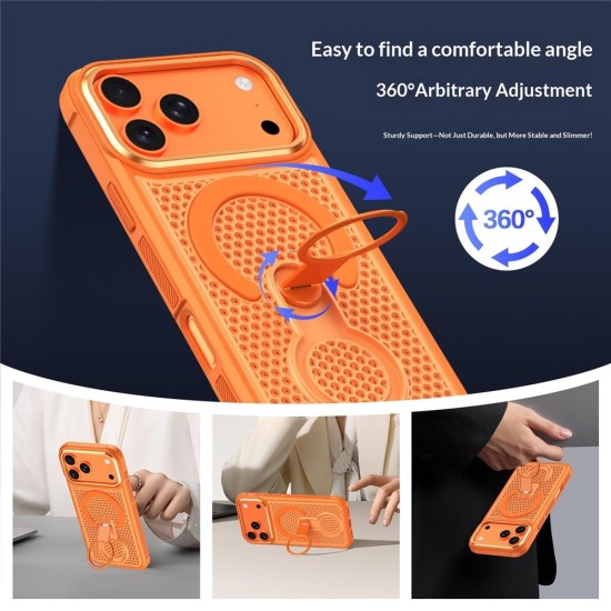 Husa pentru iPhone 18 Pro Max compatibila cu MagSafe Anti-Soc, Design Mesh, Inel Rotativ 360, Portocaliu