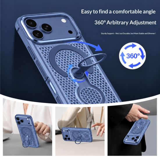 Husa pentru iPhone 18 Pro Max compatibila cu MagSafe Anti-Soc, Design Mesh, Inel Rotativ 360, Albastru