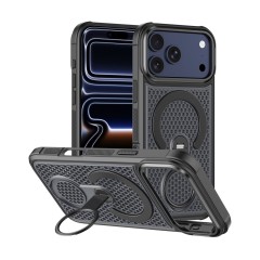 Husa pentru iPhone 18 Pro Max compatibila cu MagSafe Anti-Soc, Design Mesh, Inel Rotativ 360, Negru
