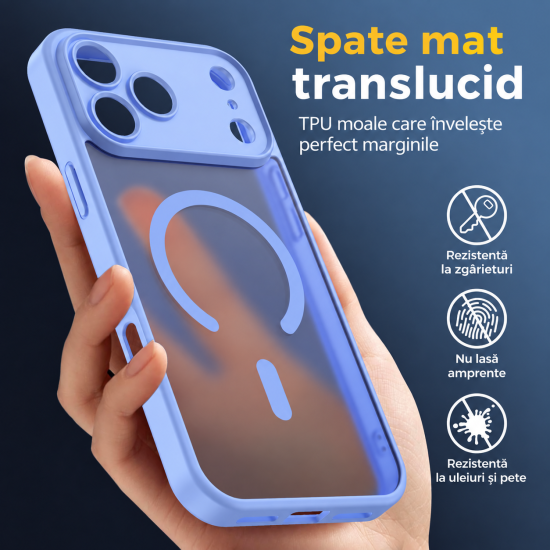 Husa Matte compatibil cu MagSafe pentru IPhone 18 Pro, protectie completa, contur Albastru Deschis