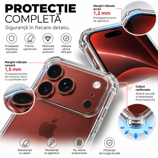 Husa Anti soc, transparenta compatibila cu IPhone 18 Pro