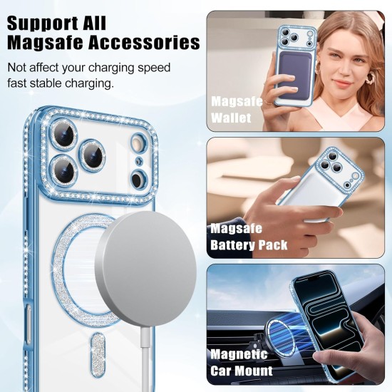 Husa compatibila cu IPhone 17 Pro, Compatibila cu MagSafe, Contur Albastru cu Pietre Husa compatibila cu IPhone 17 Pro, Compatibila cu MagSafe, Contur Albastru cu Pietre