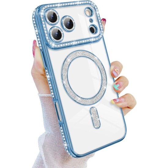 Husa compatibila cu IPhone 17 Pro, Compatibila cu MagSafe, Contur Albastru cu Pietre Husa compatibila cu IPhone 17 Pro, Compatibila cu MagSafe, Contur Albastru cu Pietre