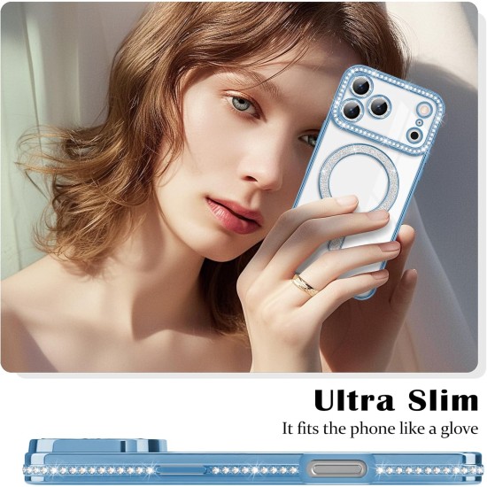 Husa compatibila cu IPhone 17 Pro, Compatibila cu MagSafe, Contur Albastru cu Pietre Husa compatibila cu IPhone 17 Pro, Compatibila cu MagSafe, Contur Albastru cu Pietre