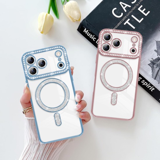 Husa compatibila cu IPhone 17 Pro, Compatibila cu MagSafe, Contur Albastru cu Pietre Husa compatibila cu IPhone 17 Pro, Compatibila cu MagSafe, Contur Albastru cu Pietre