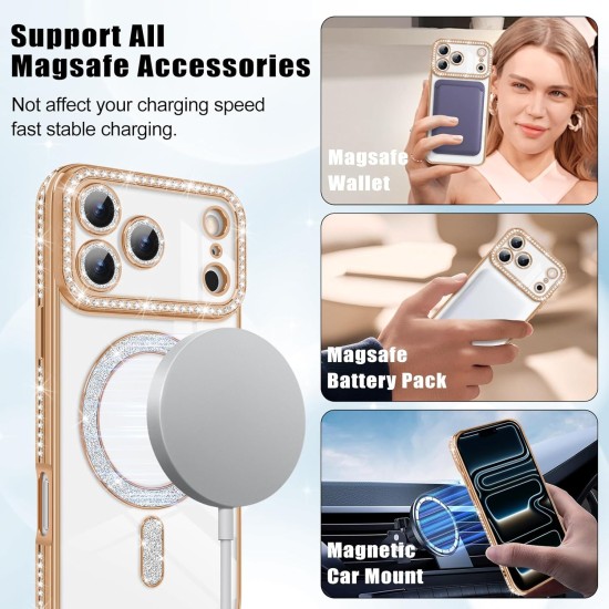 Husa compatibila cu IPhone 17 Pro, Compatibila cu MagSafe, Contur Auriu cu Pietre Husa compatibila cu IPhone 17 Pro, Compatibila cu MagSafe, Contur Auriu cu Pietre