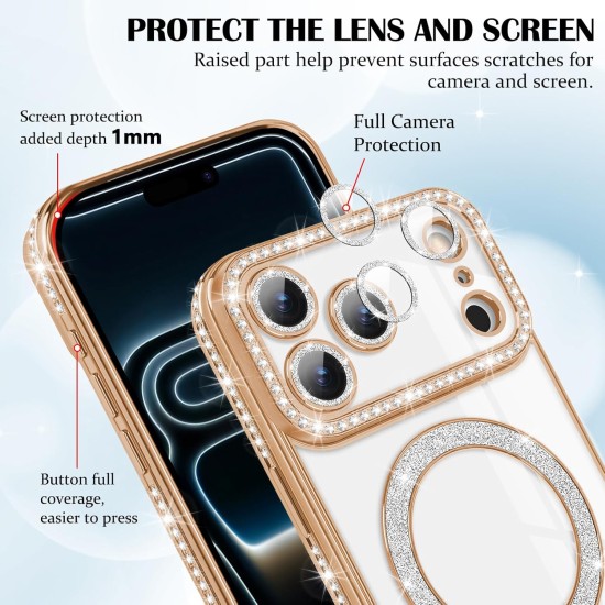 Husa compatibila cu IPhone 17 Pro, Compatibila cu MagSafe, Contur Auriu cu Pietre Husa compatibila cu IPhone 17 Pro, Compatibila cu MagSafe, Contur Auriu cu Pietre