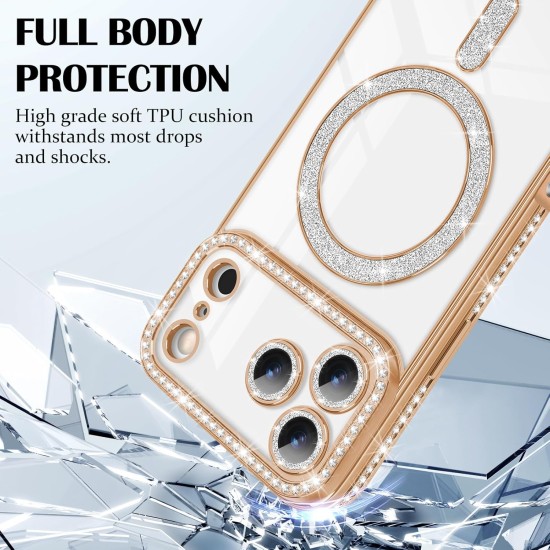 Husa compatibila cu IPhone 17 Pro, Compatibila cu MagSafe, Contur Auriu cu Pietre Husa compatibila cu IPhone 17 Pro, Compatibila cu MagSafe, Contur Auriu cu Pietre