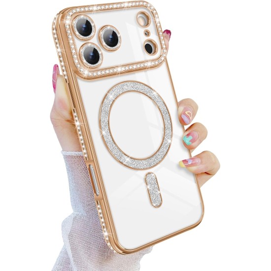 Husa compatibila cu IPhone 17 Pro, Compatibila cu MagSafe, Contur Auriu cu Pietre Husa compatibila cu IPhone 17 Pro, Compatibila cu MagSafe, Contur Auriu cu Pietre