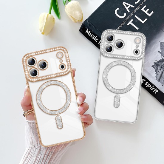 Husa compatibila cu IPhone 17 Pro, Compatibila cu MagSafe, Contur Auriu cu Pietre Husa compatibila cu IPhone 17 Pro, Compatibila cu MagSafe, Contur Auriu cu Pietre