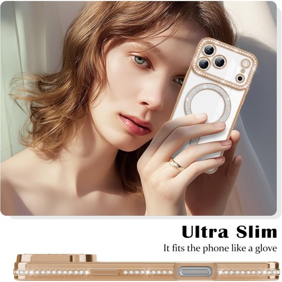 Husa compatibila cu IPhone 17 Pro, Compatibila cu MagSafe, Contur Auriu cu Pietre Husa compatibila cu IPhone 17 Pro, Compatibila cu MagSafe, Contur Auriu cu Pietre