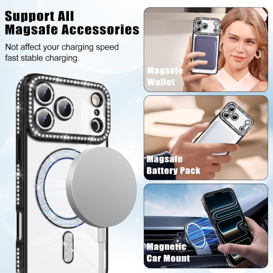 Husa compatibila cu IPhone 17 Pro, Compatibila cu MagSafe, Contur Negru cu Pietre Husa compatibila cu IPhone 17 Pro, Compatibila cu MagSafe, Contur Negru cu Pietre