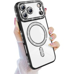 Husa compatibila cu IPhone 17 Pro Max, Compatibila cu MagSafe, Contur Negru cu Pietre