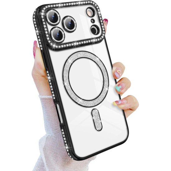 Husa compatibila cu IPhone 17 Pro, Compatibila cu MagSafe, Contur Negru cu Pietre Husa compatibila cu IPhone 17 Pro, Compatibila cu MagSafe, Contur Negru cu Pietre
