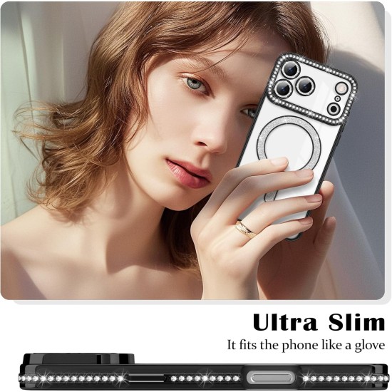Husa compatibila cu IPhone 17 Pro, Compatibila cu MagSafe, Contur Negru cu Pietre Husa compatibila cu IPhone 17 Pro, Compatibila cu MagSafe, Contur Negru cu Pietre