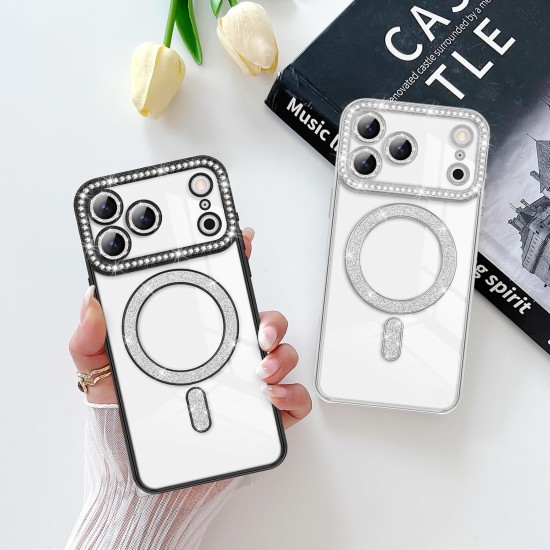 Husa compatibila cu IPhone 17 Pro, Compatibila cu MagSafe, Contur Negru cu Pietre Husa compatibila cu IPhone 17 Pro, Compatibila cu MagSafe, Contur Negru cu Pietre