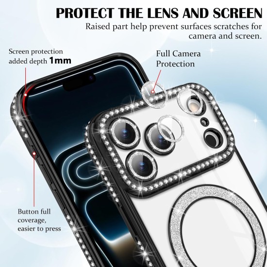 Husa compatibila cu IPhone 17 Pro, Compatibila cu MagSafe, Contur Negru cu Pietre Husa compatibila cu IPhone 17 Pro, Compatibila cu MagSafe, Contur Negru cu Pietre