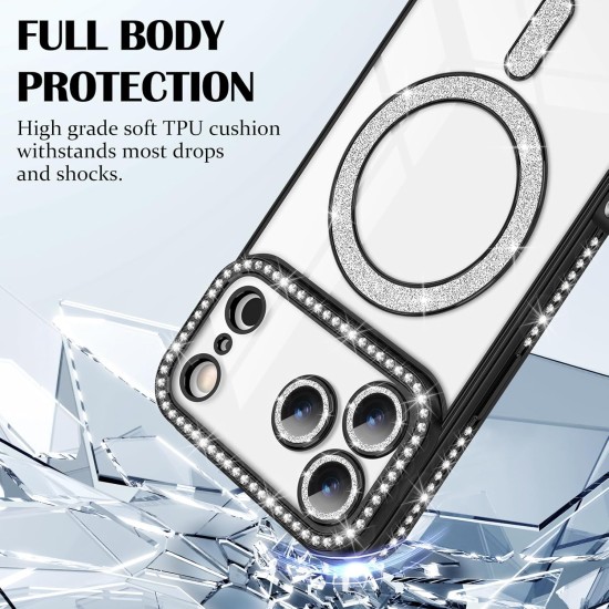 Husa compatibila cu IPhone 17 Pro, Compatibila cu MagSafe, Contur Negru cu Pietre Husa compatibila cu IPhone 17 Pro, Compatibila cu MagSafe, Contur Negru cu Pietre