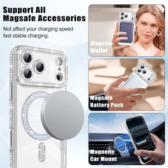 Husa compatibila cu IPhone 17 Pro, Compatibila cu MagSafe, Contur Silver cu Pietre Husa compatibila cu IPhone 17 Pro, Compatibila cu MagSafe, Contur Silver cu Pietre