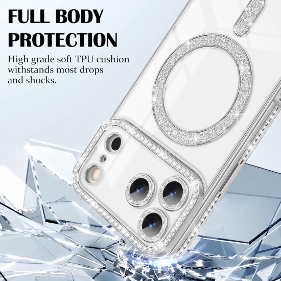 Husa compatibila cu IPhone 17 Pro, Compatibila cu MagSafe, Contur Silver cu Pietre Husa compatibila cu IPhone 17 Pro, Compatibila cu MagSafe, Contur Silver cu Pietre