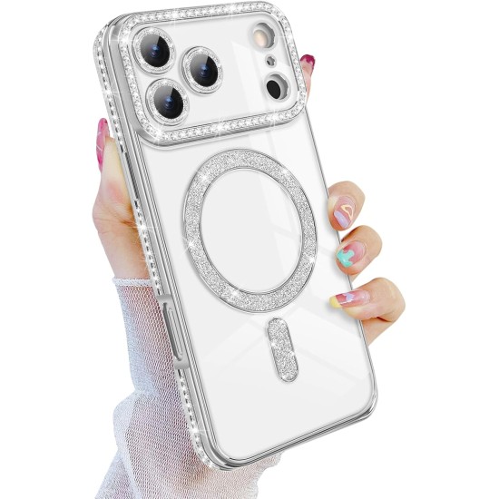 Husa compatibila cu IPhone 17 Pro, Compatibila cu MagSafe, Contur Silver cu Pietre Husa compatibila cu IPhone 17 Pro, Compatibila cu MagSafe, Contur Silver cu Pietre