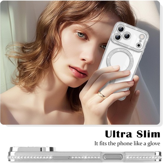 Husa compatibila cu IPhone 17 Pro, Compatibila cu MagSafe, Contur Silver cu Pietre Husa compatibila cu IPhone 17 Pro, Compatibila cu MagSafe, Contur Silver cu Pietre