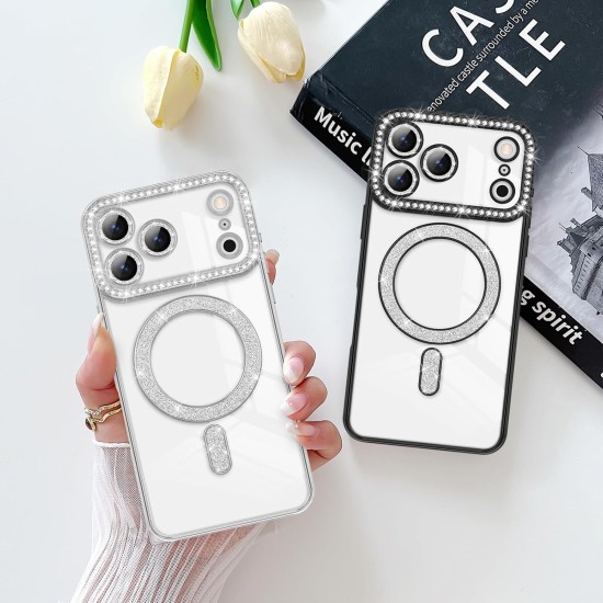 Husa compatibila cu IPhone 17 Pro, Compatibila cu MagSafe, Contur Silver cu Pietre Husa compatibila cu IPhone 17 Pro, Compatibila cu MagSafe, Contur Silver cu Pietre