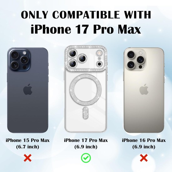 Husa compatibila cu IPhone 17 Pro Max, Compatibila cu MagSafe, Contur Silver cu Pietre Husa compatibila cu IPhone 17 Pro Max, Compatibila cu MagSafe, Contur Silver cu Pietre