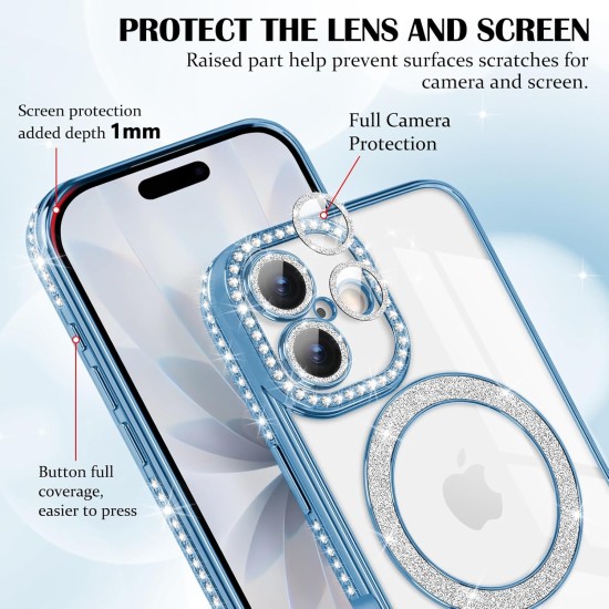 Husa compatibila cu IPhone 17, Compatibila cu MagSafe, Contur Albastru cu Pietre Husa compatibila cu IPhone 17, Compatibila cu MagSafe, Contur Albastru cu Pietre