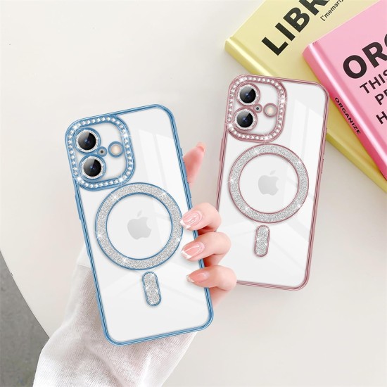 Husa compatibila cu IPhone 17, Compatibila cu MagSafe, Contur Albastru cu Pietre Husa compatibila cu IPhone 17, Compatibila cu MagSafe, Contur Albastru cu Pietre
