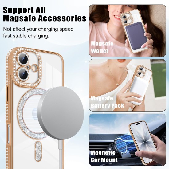 Husa compatibila cu IPhone 17, Compatibila cu MagSafe, Contur Auriu cu Pietre Husa compatibila cu IPhone 17, Compatibila cu MagSafe, Contur Auriu cu Pietre