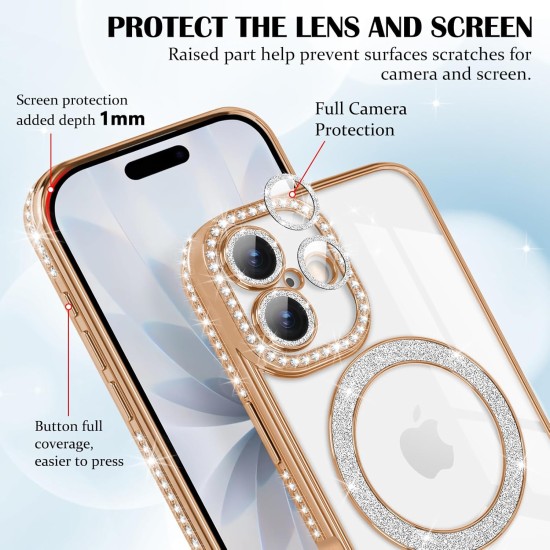 Husa compatibila cu IPhone 17, Compatibila cu MagSafe, Contur Auriu cu Pietre Husa compatibila cu IPhone 17, Compatibila cu MagSafe, Contur Auriu cu Pietre