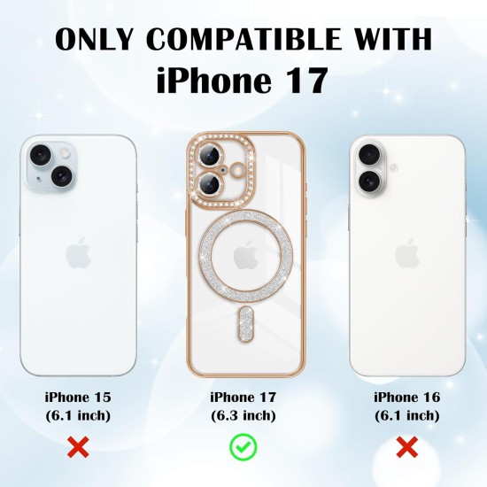 Husa compatibila cu IPhone 17, Compatibila cu MagSafe, Contur Auriu cu Pietre Husa compatibila cu IPhone 17, Compatibila cu MagSafe, Contur Auriu cu Pietre