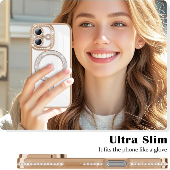 Husa compatibila cu IPhone 17, Compatibila cu MagSafe, Contur Auriu cu Pietre Husa compatibila cu IPhone 17, Compatibila cu MagSafe, Contur Auriu cu Pietre