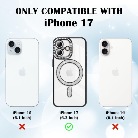 Husa compatibila cu IPhone 17, Compatibila cu MagSafe, Contur Negru cu Pietre Husa compatibila cu IPhone 17, Compatibila cu MagSafe, Contur Negru cu Pietre
