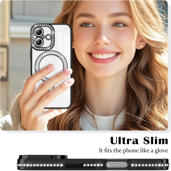 Husa compatibila cu IPhone 17, Compatibila cu MagSafe, Contur Negru cu Pietre Husa compatibila cu IPhone 17, Compatibila cu MagSafe, Contur Negru cu Pietre