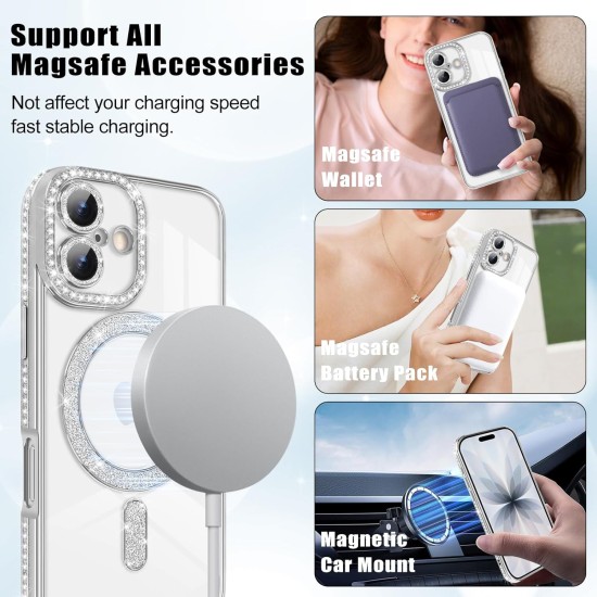 Husa compatibila cu IPhone 17, Compatibila cu MagSafe, Contur Silver cu Pietre Husa compatibila cu IPhone 17, Compatibila cu MagSafe, Contur Silver cu Pietre