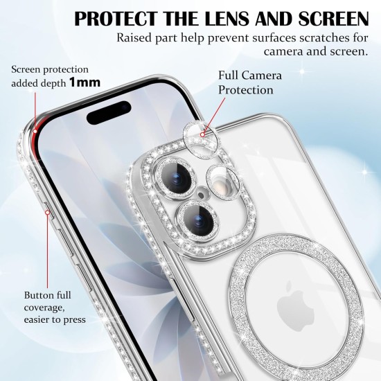 Husa compatibila cu IPhone 17, Compatibila cu MagSafe, Contur Silver cu Pietre Husa compatibila cu IPhone 17, Compatibila cu MagSafe, Contur Silver cu Pietre