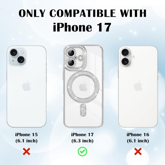 Husa compatibila cu IPhone 17, Compatibila cu MagSafe, Contur Silver cu Pietre Husa compatibila cu IPhone 17, Compatibila cu MagSafe, Contur Silver cu Pietre