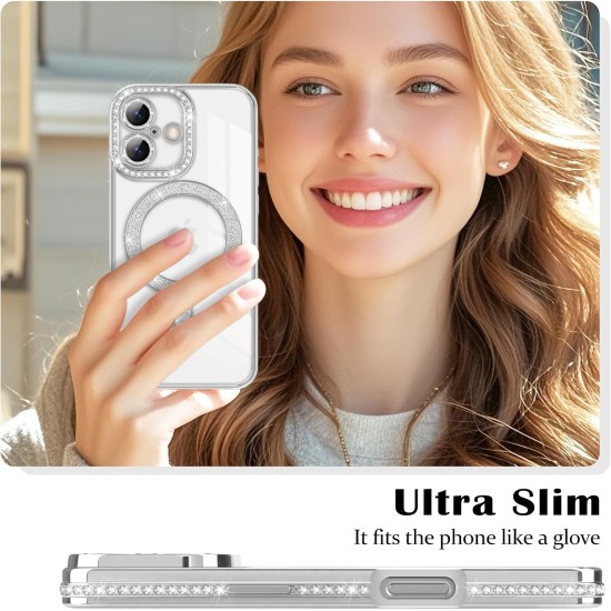 Husa compatibila cu IPhone 17, Compatibila cu MagSafe, Contur Silver cu Pietre Husa compatibila cu IPhone 17, Compatibila cu MagSafe, Contur Silver cu Pietre