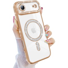 Husa compatibila cu IPhone 17 Air, Compatibila cu MagSafe, Contur Auriu cu Pietre
